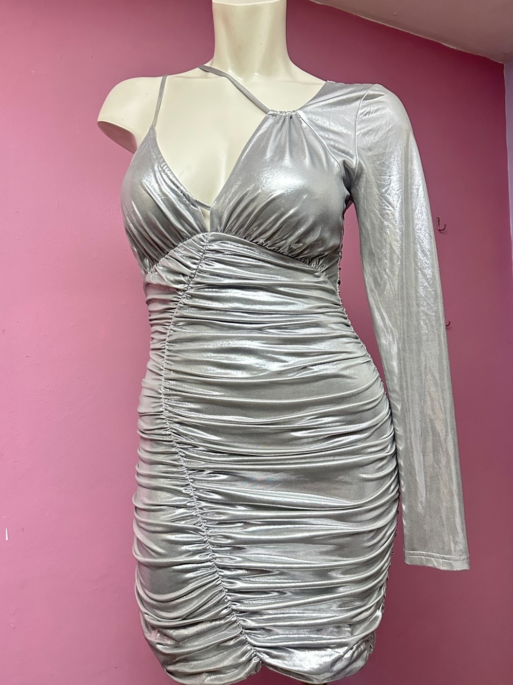 En Saison Shimmering Silver One-Shoulder Dress